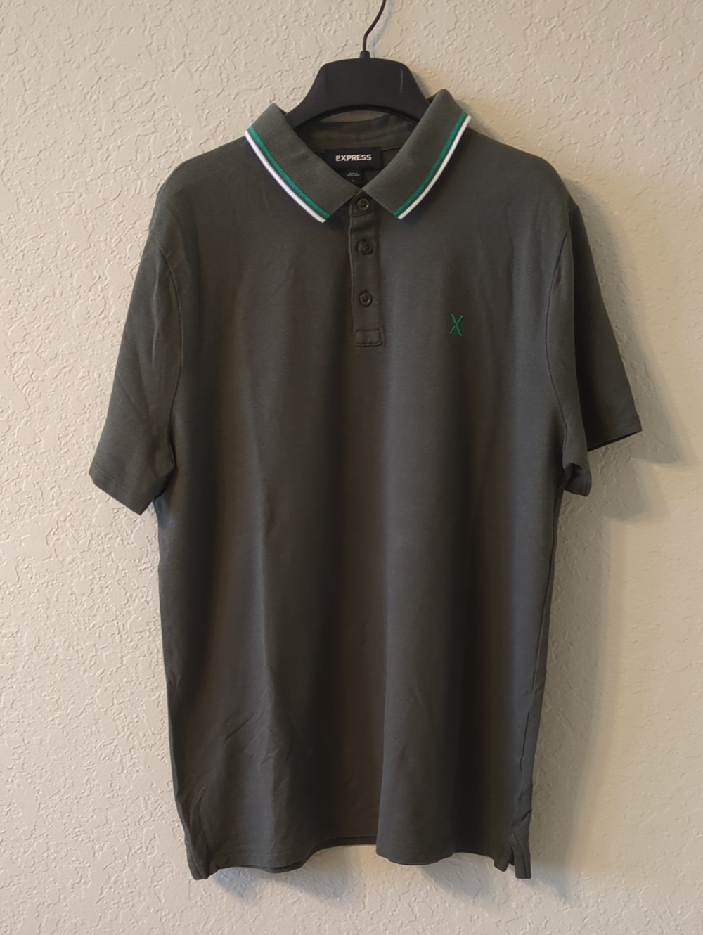 Express Men's Dark Olive Polo with Green & White Trim